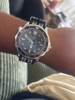 Omega Black Dial Men's Dive Watch with Black & Cream NATO Strap Clone